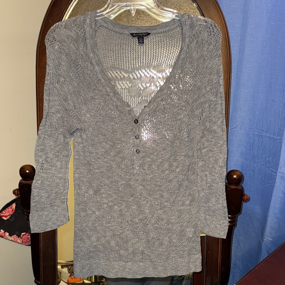 American Eagle Outfitters Gray Button Down Knit Top